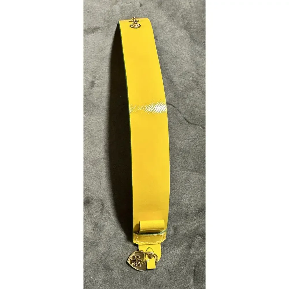 Tory Burch Yellow Leather Cuff Bracelet Heart Logo Charm Made in USA Adjustable